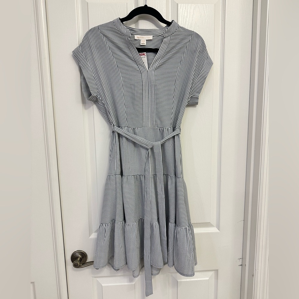 Monteau Navy & White Striped Tie-Waist Midi Dress